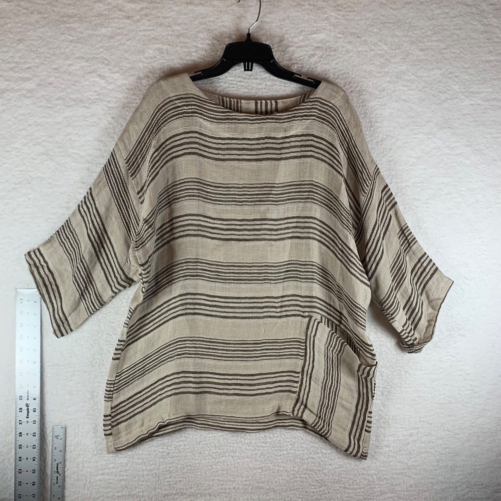 Sartoria Saracena Women's 3/4 Sleeve 100% Linen Striped Ivory Blouse Top 8477